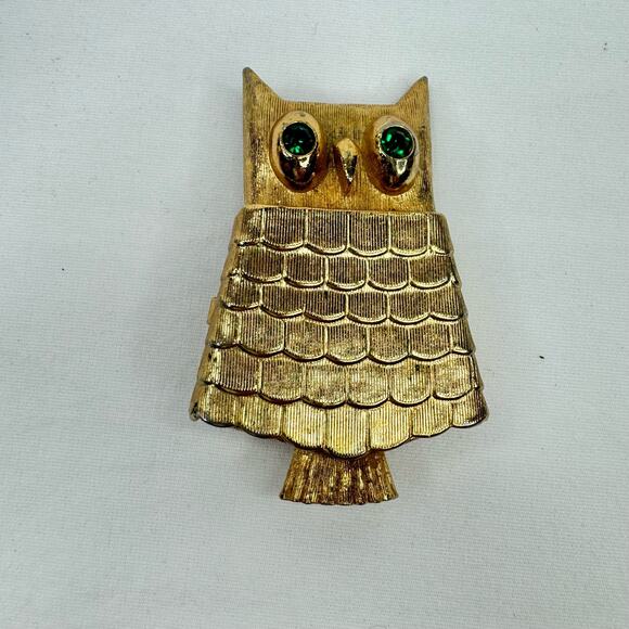 Avon Jewelry - Vintage Avon Owl Brooch Pin Gold Tone Green Eyes Solid Dry Perfume Holder Opens